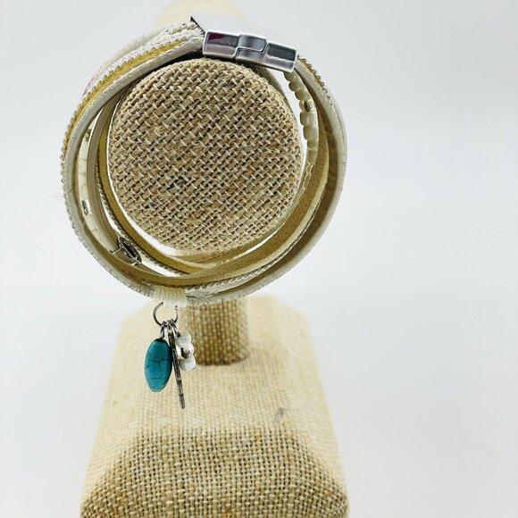 Multilayer Faux Leather Bracelet Silver Tone Magnetic Closure Turquoise Leaf - Picture 6 of 8